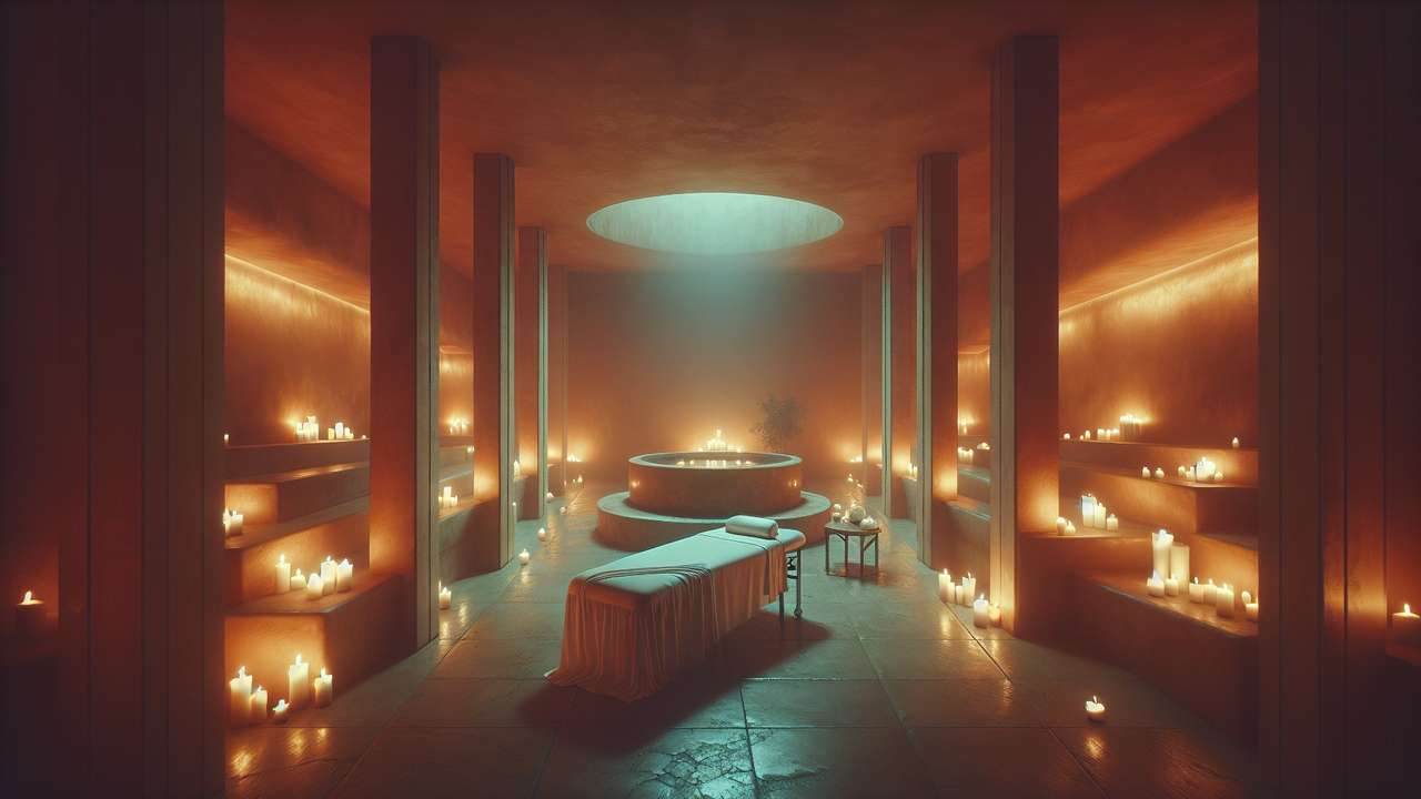 dimly lit spa room at night, candles flickering on stone surfaces, steam rising, warm amber glow, massage table with white sheets