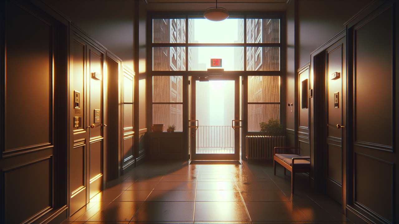 dimly lit apartment hallway, rain pouring outside glass door, thunderstorm evening, warm golden light from open doorway