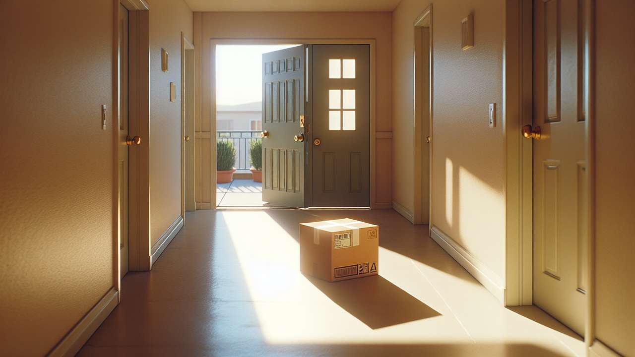 sunlit apartment hallway, open front door, warm summer afternoon light, cardboard package on the floor, intimate mood