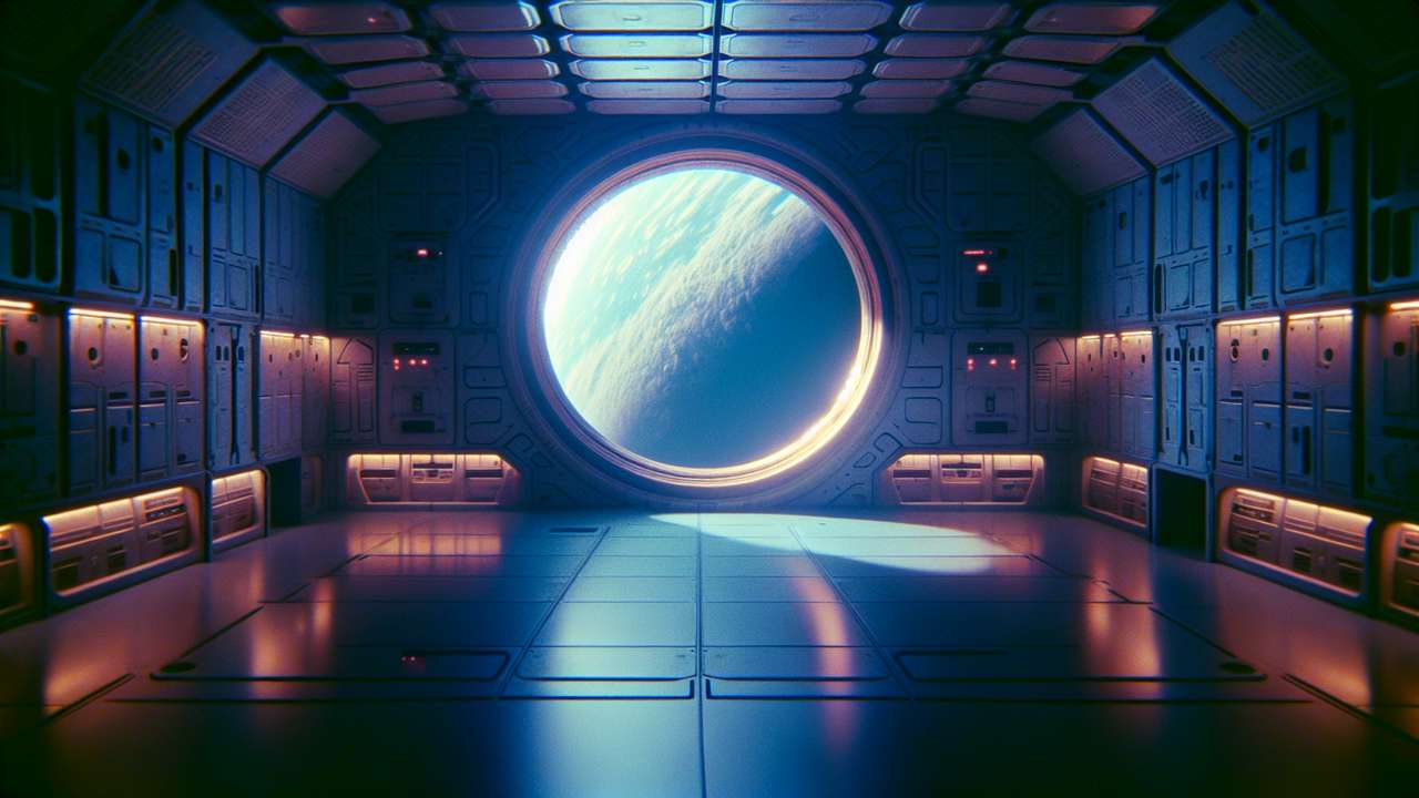 dimly lit space station interior, blue Earth glow through round window, floating weightlessness, intimate quiet hum of machines