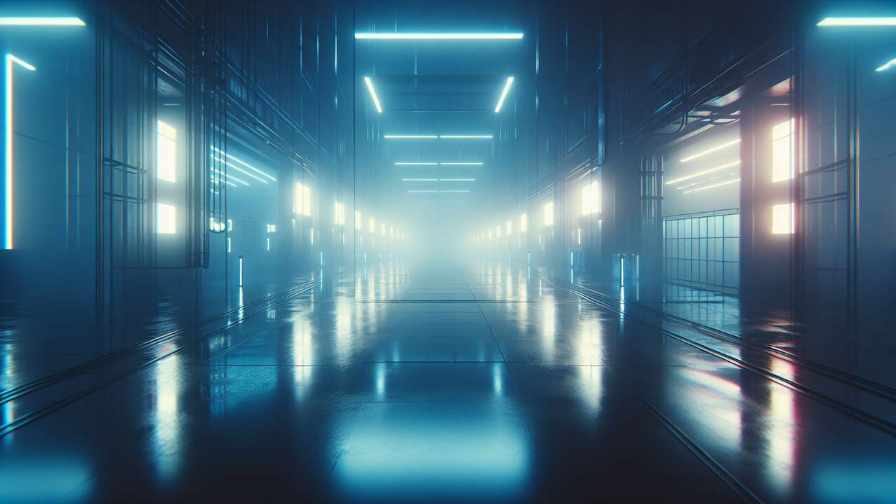 dark high-tech laboratory at night, blue neon light reflecting on steel surfaces, foggy and cold atmosphere