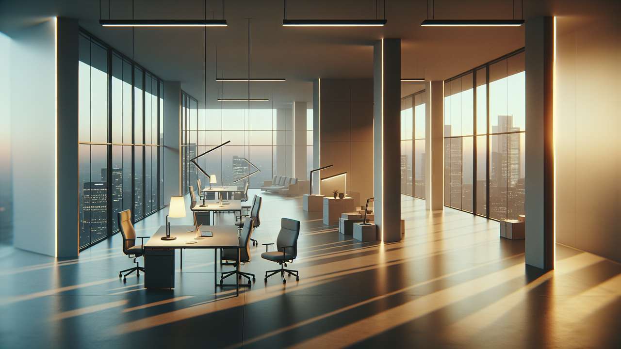 Empty modern office at night, desk lamp casting warm light, city skyline through floor-to-ceiling windows, quiet and tense mood