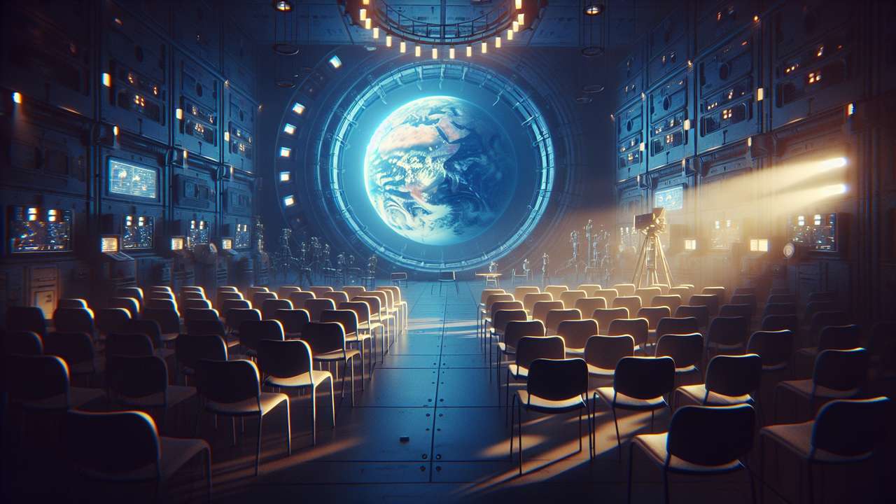 dimly lit space station interior, Earth visible through round window, blue ambient light, weightless floating objects