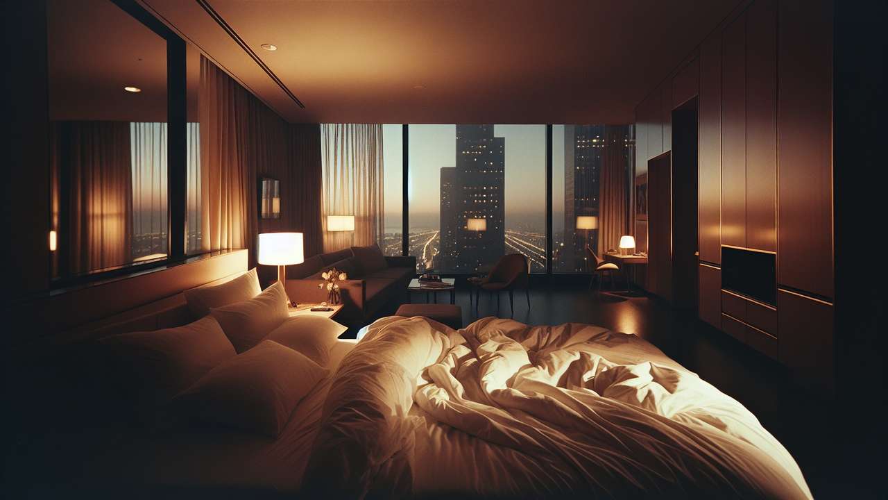 dimly lit luxury hotel room at night, city skyline through floor-to-ceiling windows, rumpled white sheets, warm amber light