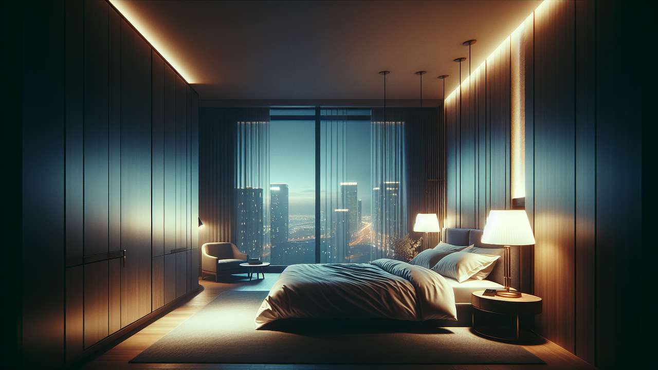 luxurious hotel suite at night, dim bedside lamp, unmade king-size bed, city lights through floor-to-ceiling windows