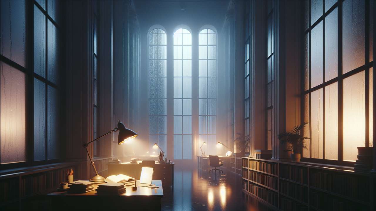 dimly lit university office at night, desk lamp casting warm glow, bookshelves, rain against tall windows, intimate mood