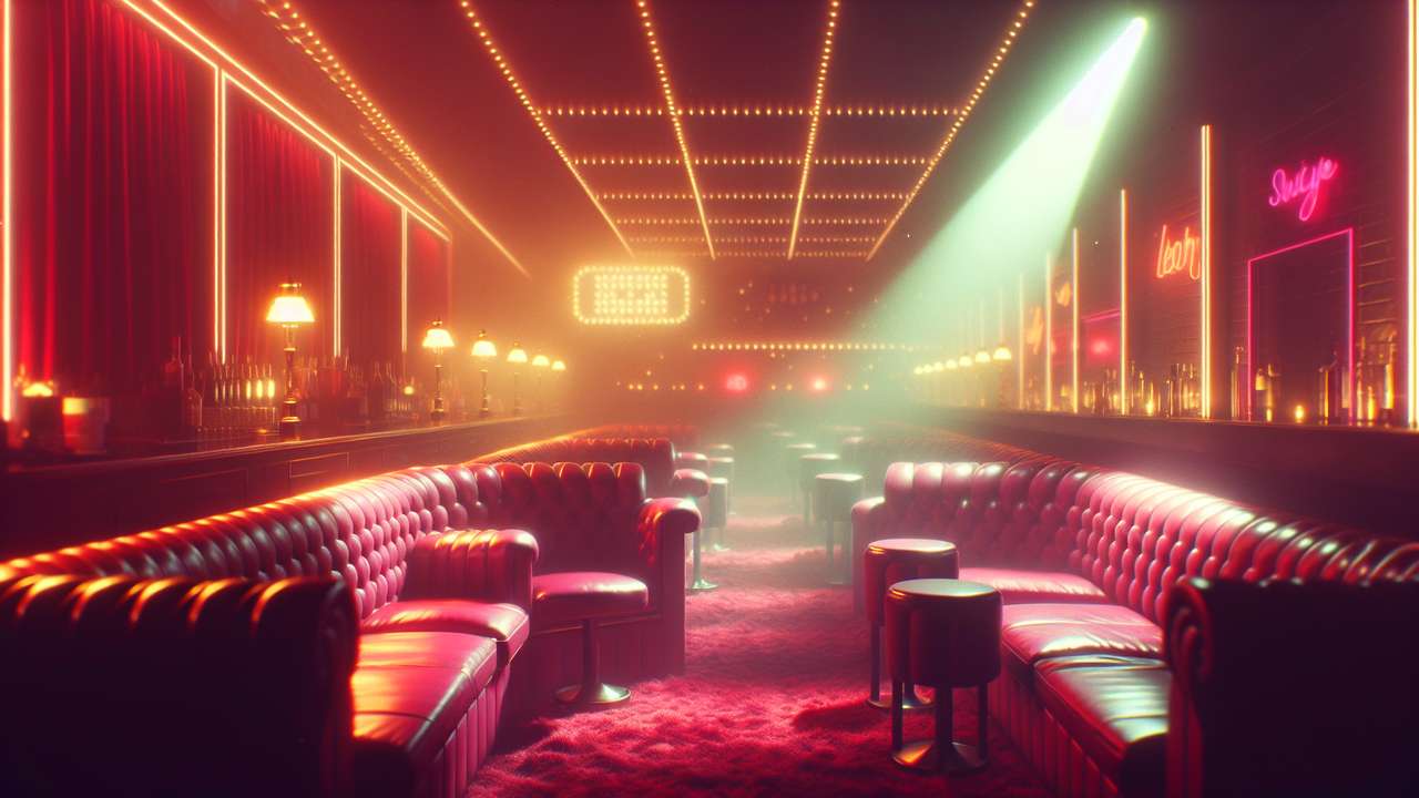 dimly lit VIP lounge in a stripclub, red velvet seating, neon glow, smoky atmosphere, late night mood