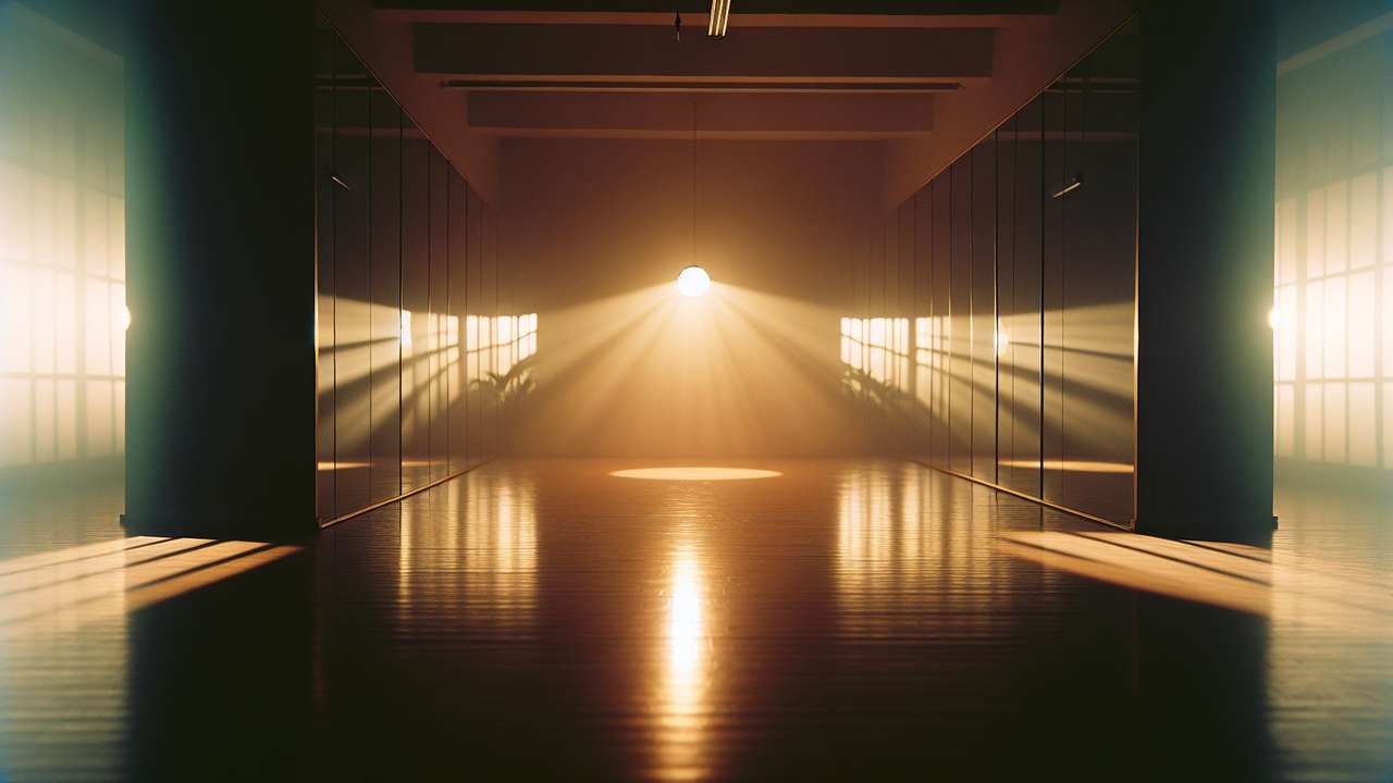 dimly lit dance studio at night, mirrored walls reflecting warm golden spotlight, wooden floor, intimate and sensual mood