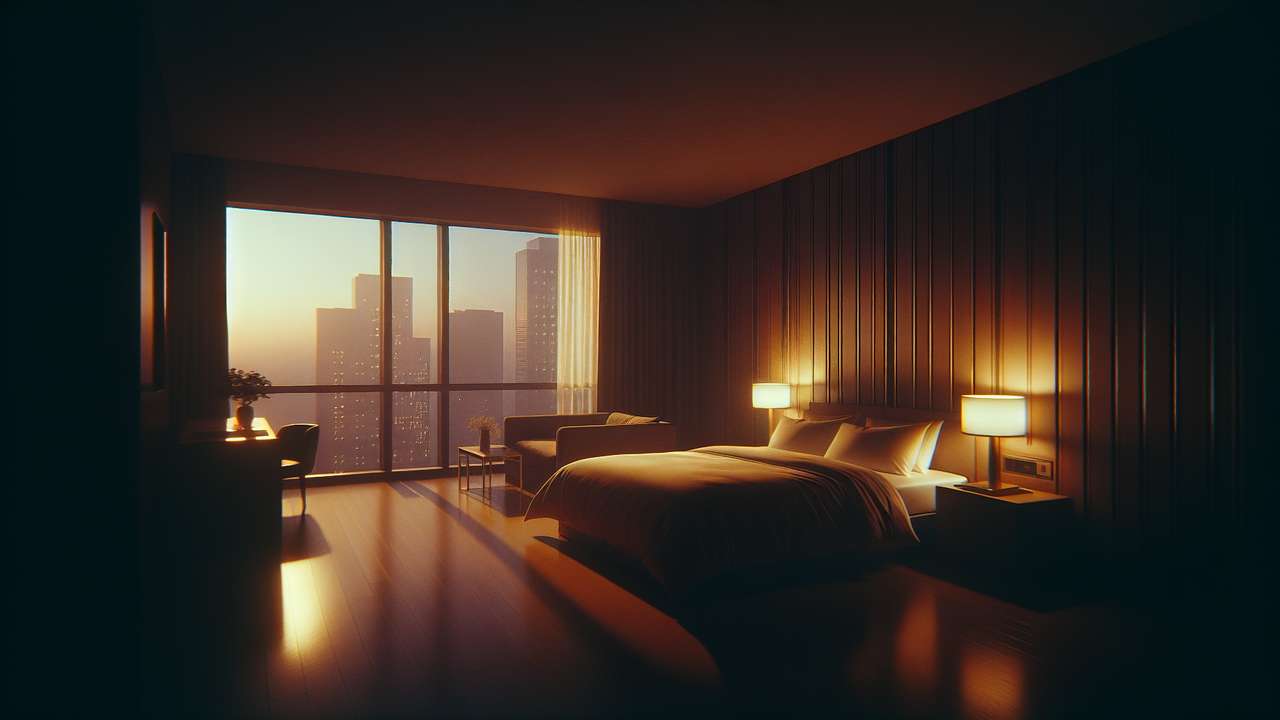 Luxurious hotel suite at night, dim amber lighting, silk sheets on king-size bed, city skyline through floor-to-ceiling windows