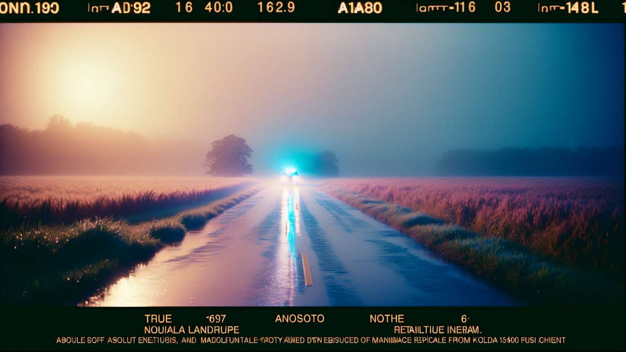 Empty country road at night, flashing blue police lights reflecting on wet asphalt, warm summer air, secluded and tense