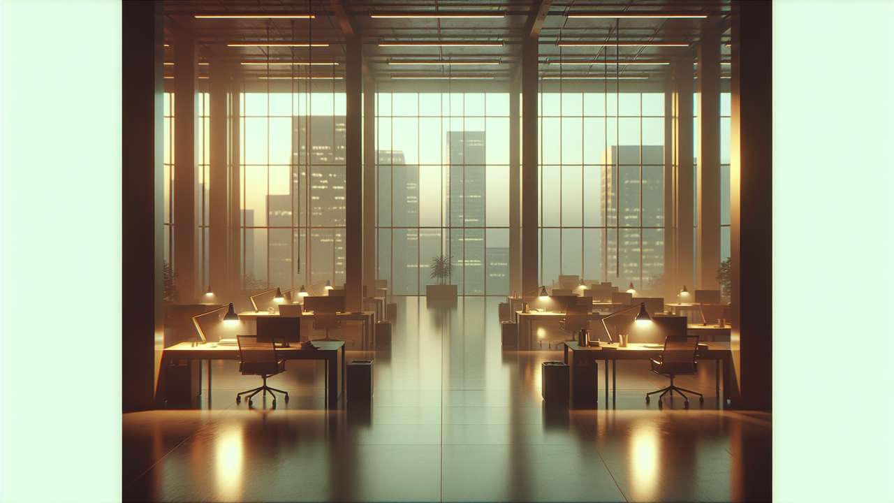 dimly lit corporate office after hours, desk lamp glowing warm, city skyline through floor-to-ceiling windows, quiet and tense