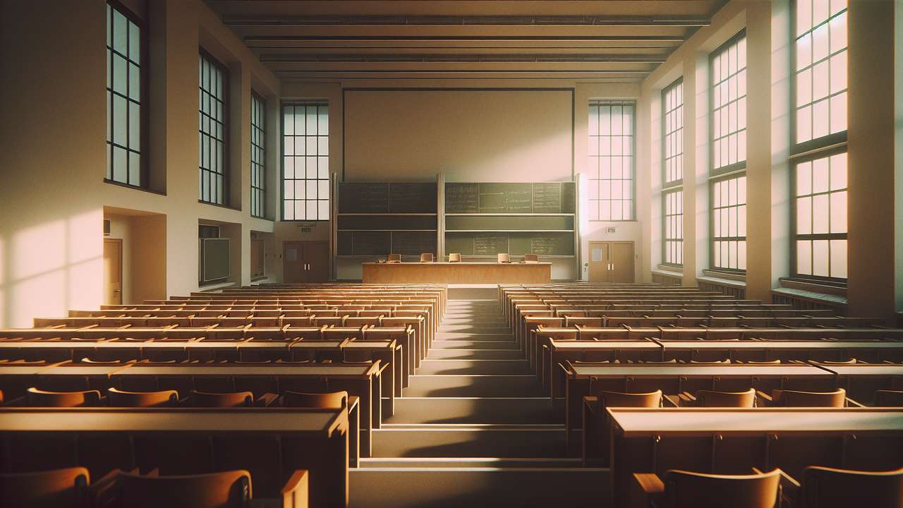 Empty university lecture hall, late afternoon light through tall windows, rows of wooden seats, chalkboard, quiet and tense atmosphere