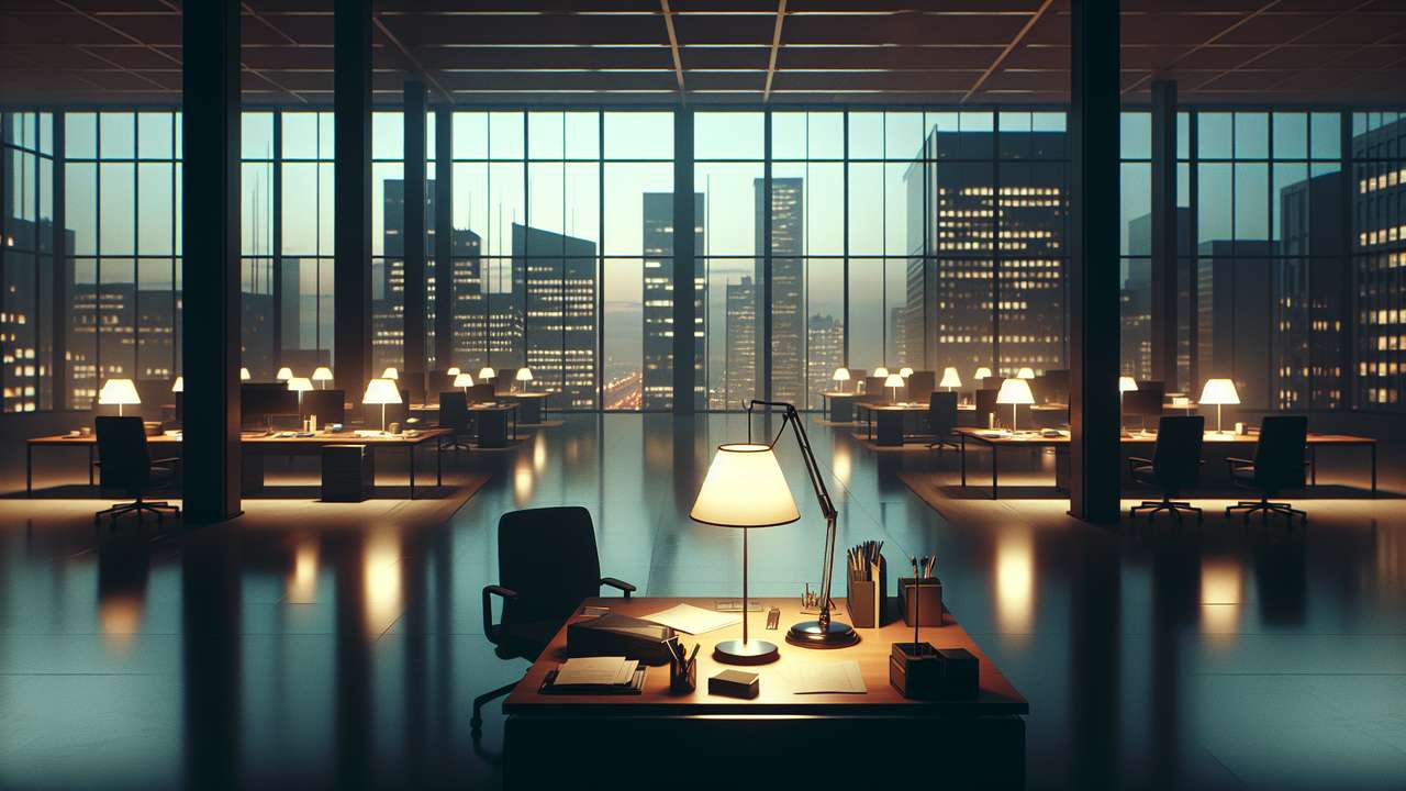 Empty modern office at night, single desk lamp glowing warm, city skyline through floor-to-ceiling windows, quiet and tense