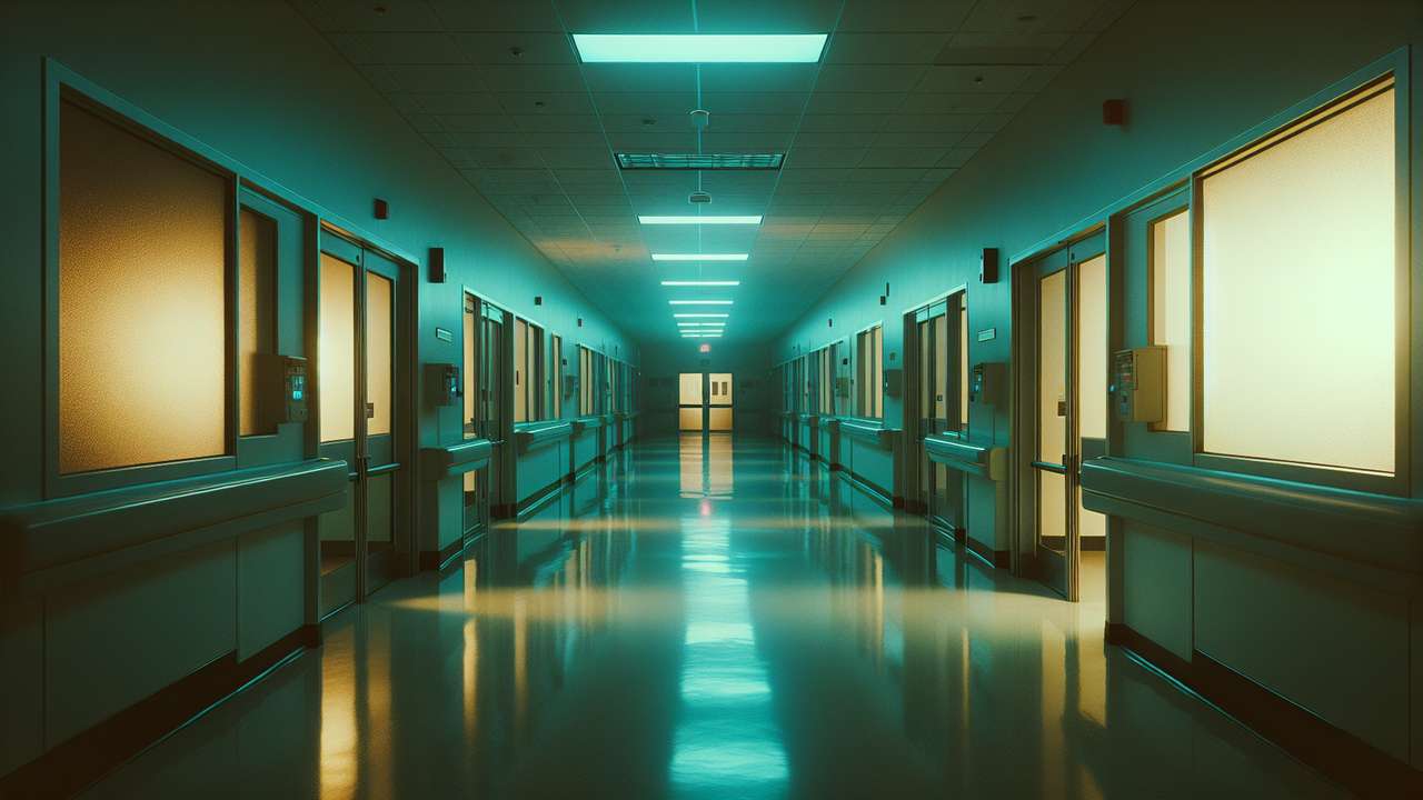 dimly lit hospital corridor at night, blue-green neon glow, empty hallway, quiet and intimate atmosphere
