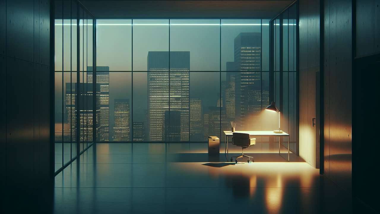 dark empty office at night, single desk lamp glowing, city skyline through floor-to-ceiling windows, shadows on glass walls