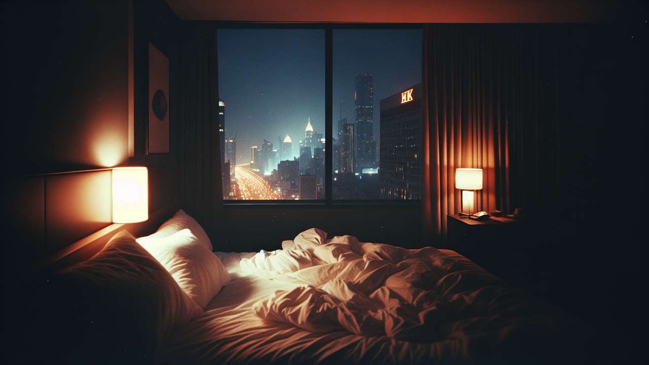 dimly lit hotel room at night, city lights through large windows, rumpled white sheets, warm amber glow, anonymous skyline