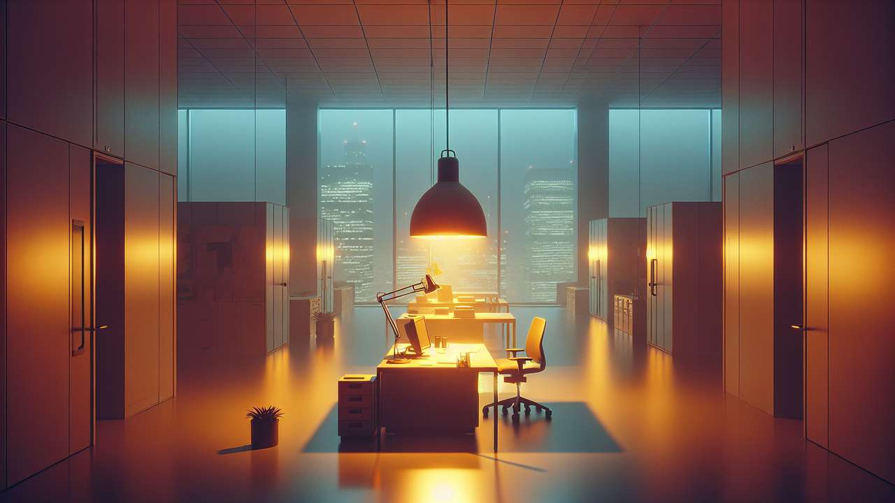 Empty modern office at night, single desk lamp glowing, city skyline through floor-to-ceiling windows, dim amber light