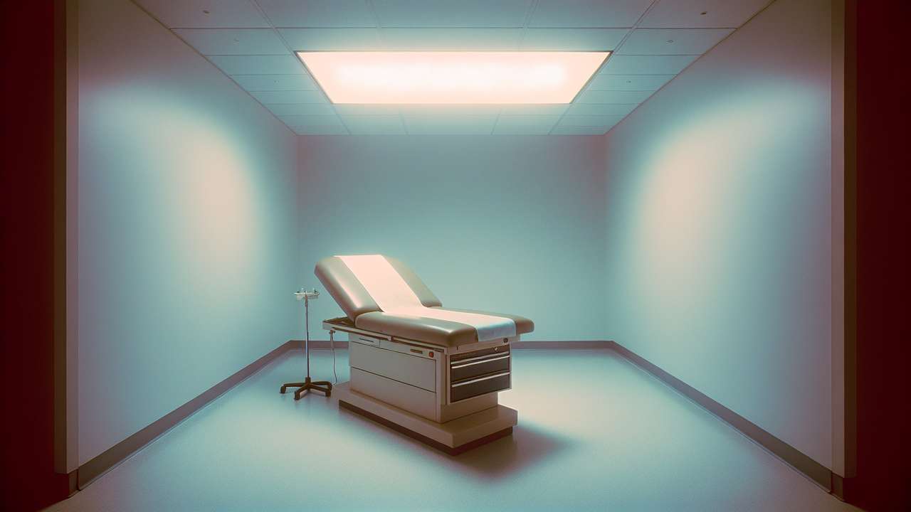 empty medical examination room at night, cold fluorescent light, white walls, leather exam table, quiet clinical atmosphere