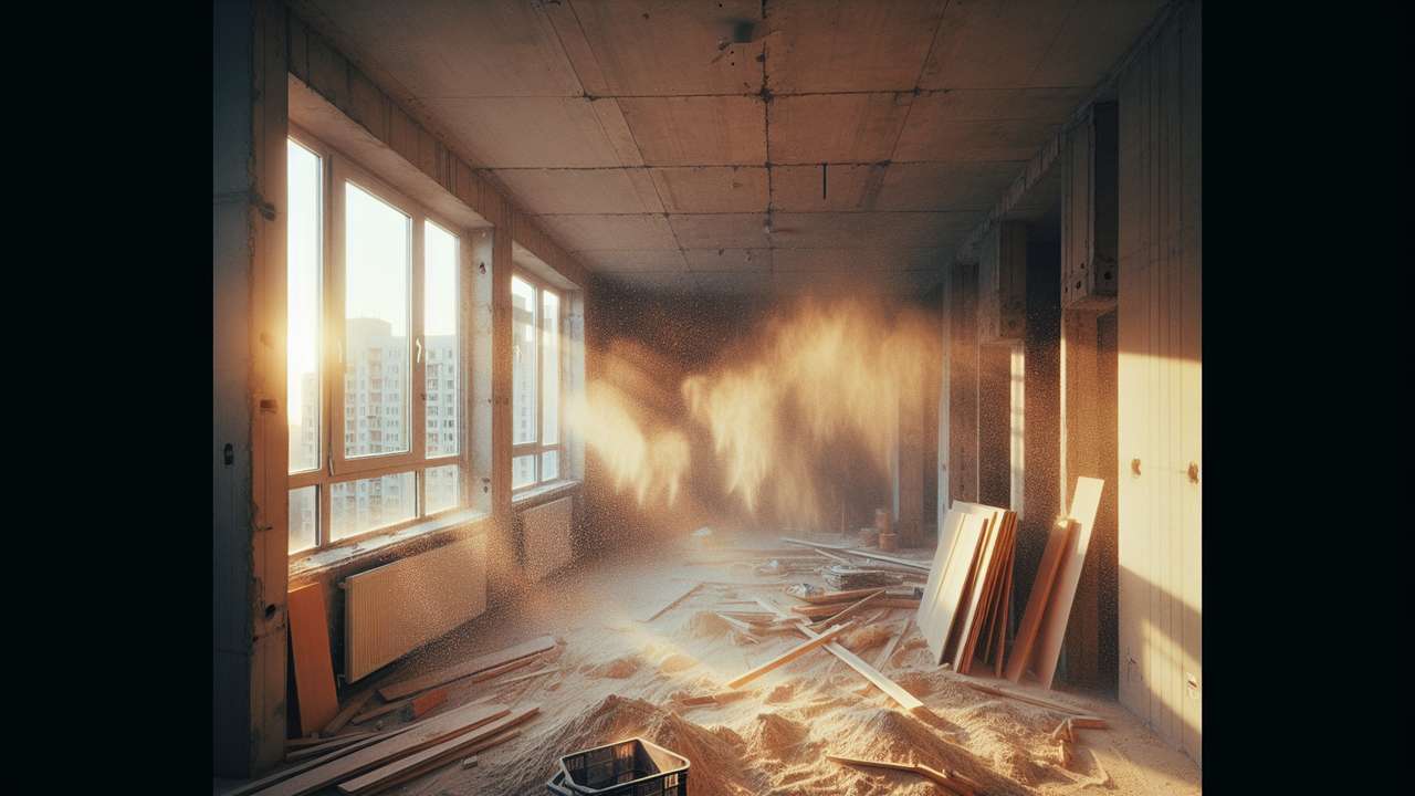 dusty construction site in a half-renovated apartment, afternoon sunlight streaming through plastic-covered windows, sawdust in the air