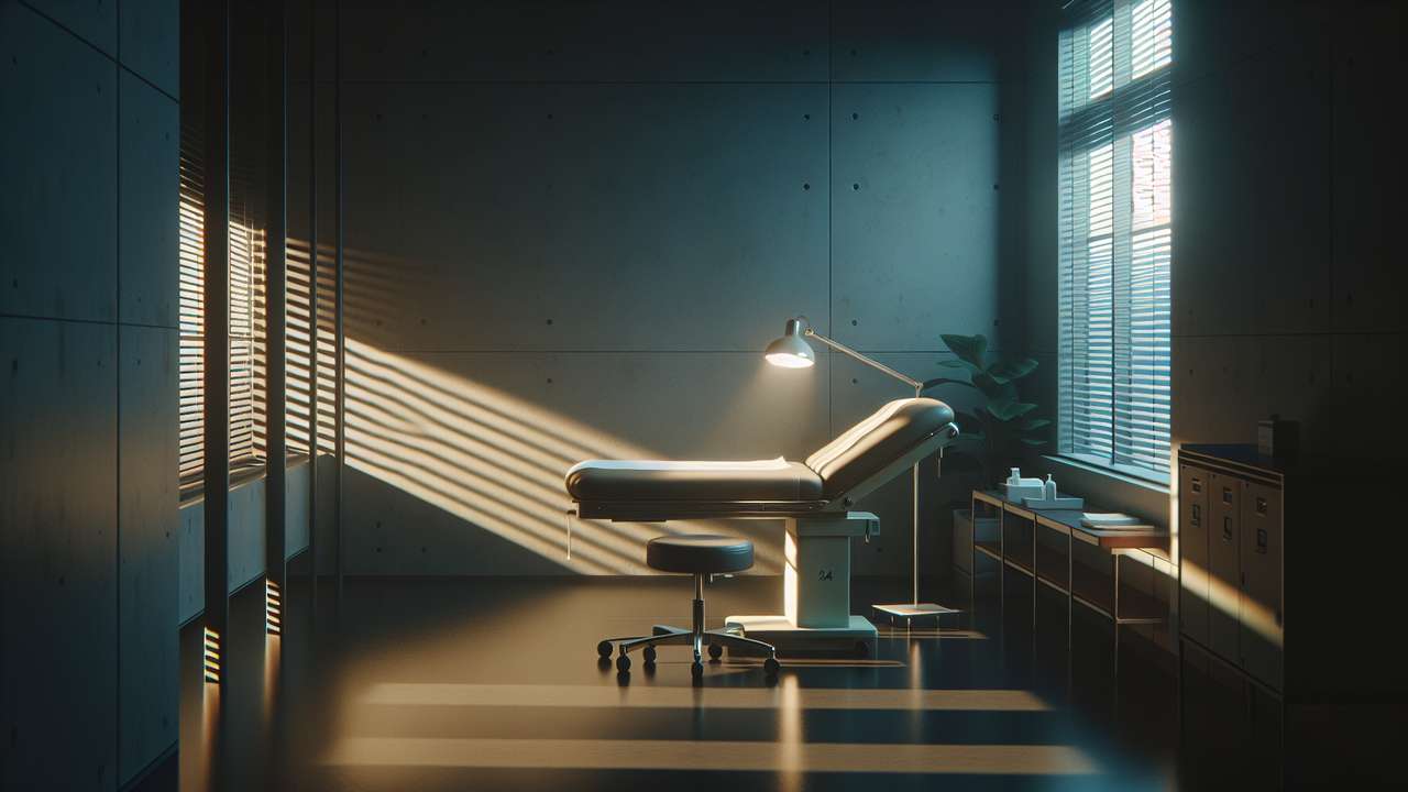 dimly lit medical office after hours, examination table with white paper, warm desk lamp, blinds half closed, evening light