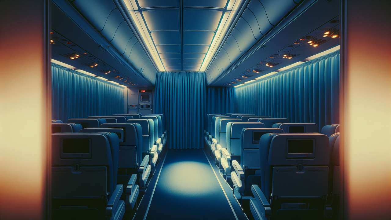 dim airplane cabin at night, blue ambient lighting, empty rear rows, galley curtain half drawn, intimate and secretive mood
