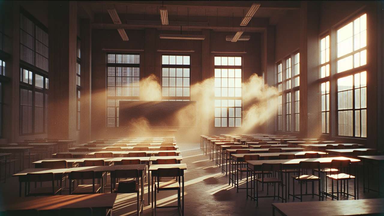 Empty classroom after hours, late afternoon sunlight through tall windows, chalk dust in golden light, quiet and tense atmosphere