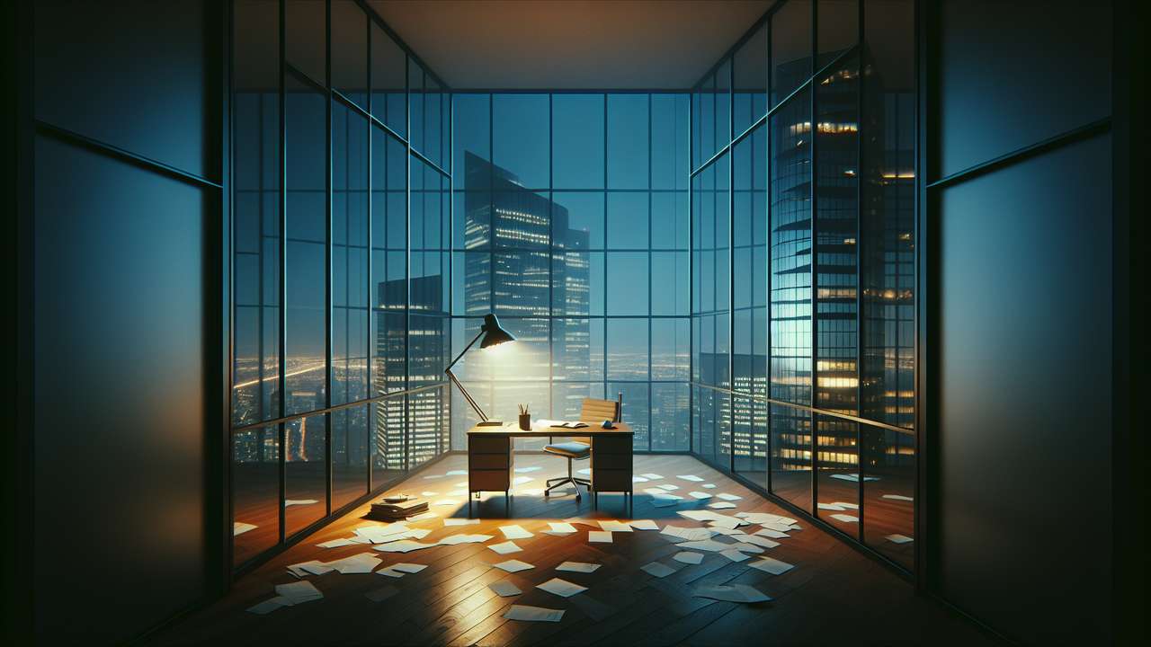 modern corner office at night, city skyline glowing through floor-to-ceiling windows, single desk lamp casting warm light, papers scattered