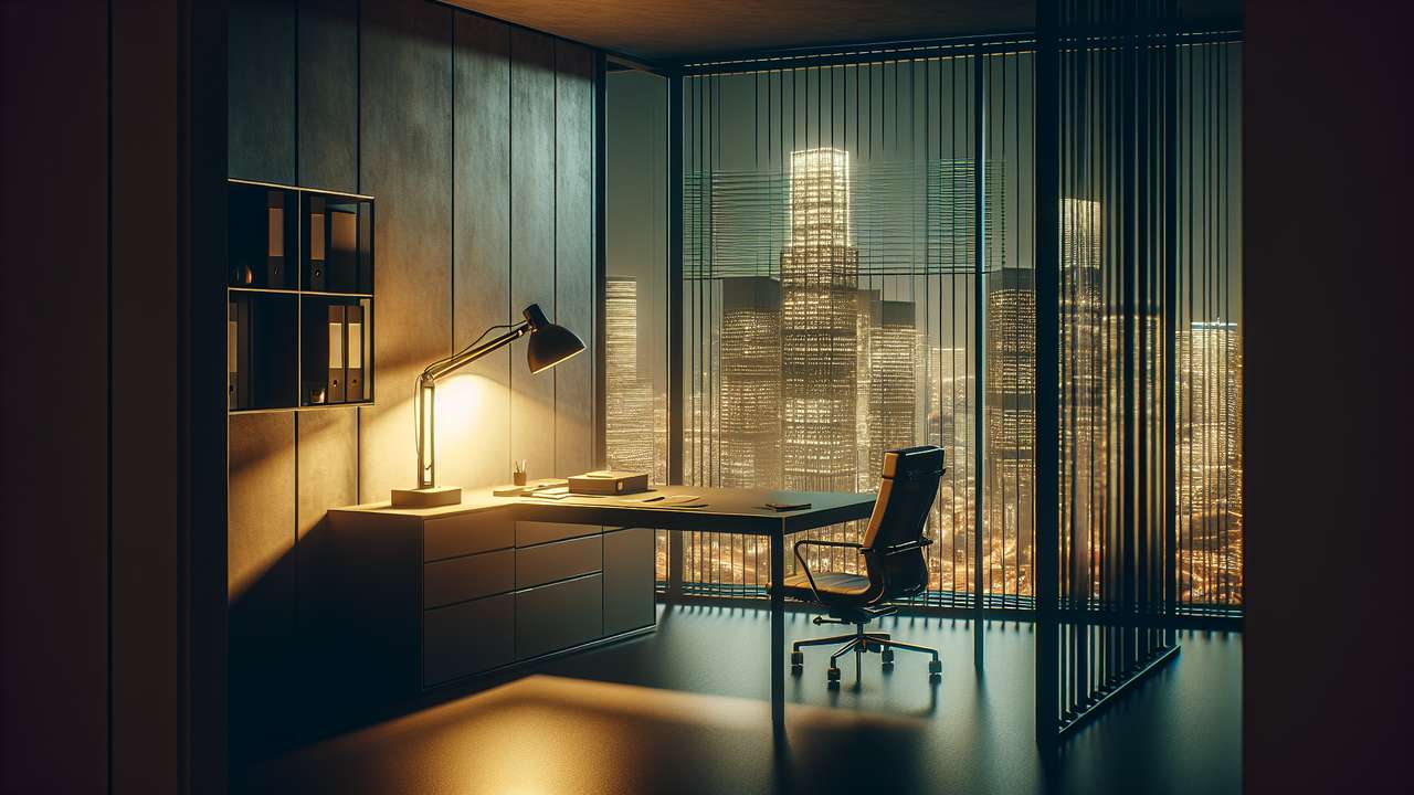 Empty modern corner office at night, city skyline through floor-to-ceiling windows, desk lamp casting warm golden light, blinds half closed