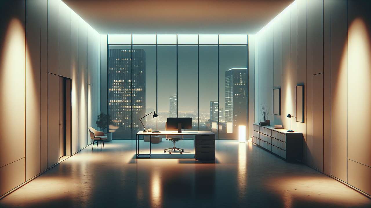 empty modern office at night, single desk lamp glowing, city skyline through floor-to-ceiling windows, dim and intimate