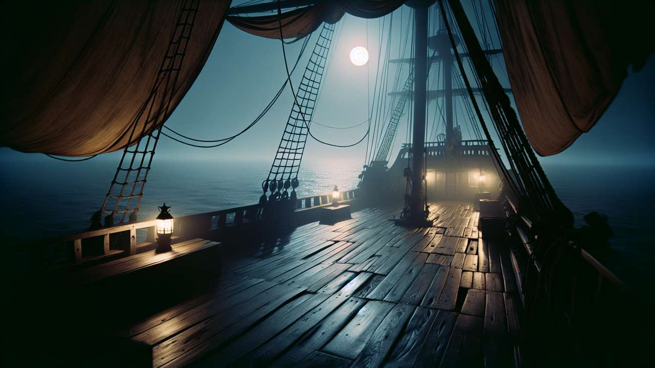 old wooden pirate ship deck at night, full moon reflecting on dark ocean waves, lantern light, ropes and sails, misty atmosphere