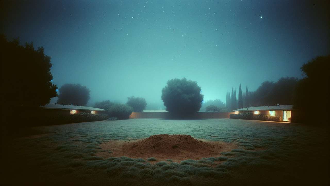 Remote garden at night, strange blue light from above, stars visible, crushed grass in a circle, humid summer air