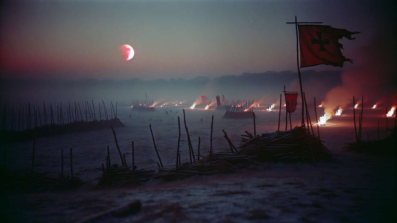 medieval war camp at night, smoldering campfires, torn banners, misty battlefield under a blood-red moon