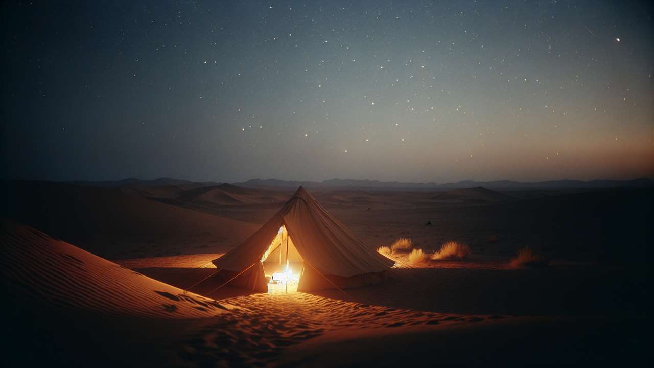 dimly lit barbarian tent at night, furs and flickering firelight, desert steppe beyond canvas flaps, warm amber glow