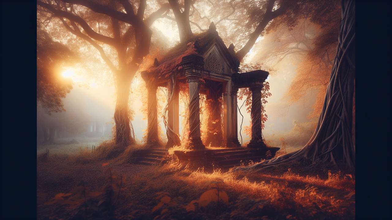 Ancient overgrown temple at twilight, golden light filtering through crumbling stone columns, vines and mist, mystical atmosphere