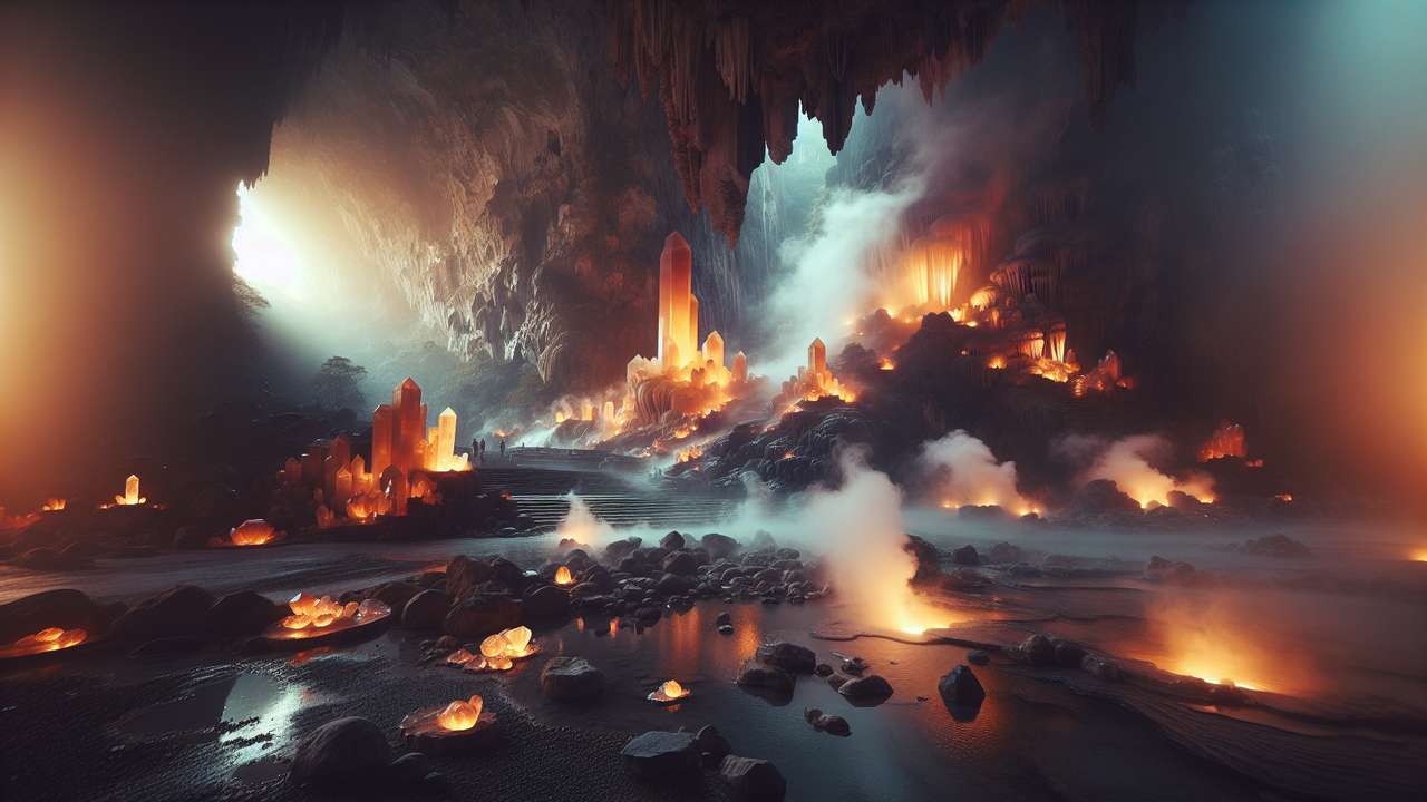 Ancient dragon cave with glowing crystals, warm amber light, steam rising from hot springs, mystical atmosphere