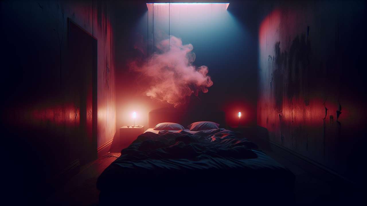 dark bedroom at night, faint red glow from cracks in the walls, smoke curling near the ceiling, oppressive and seductive atmosphere