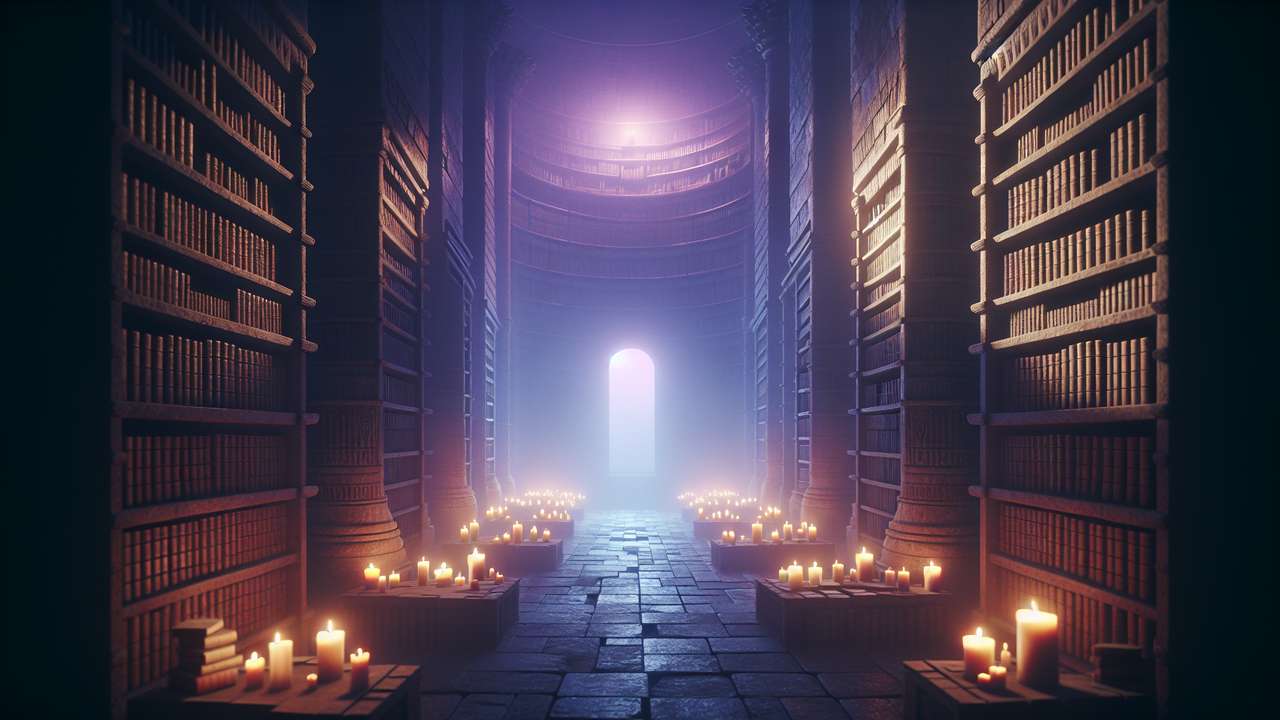 dimly lit stone tower chamber, floating candles, ancient bookshelves, purple magical glow, midnight atmosphere