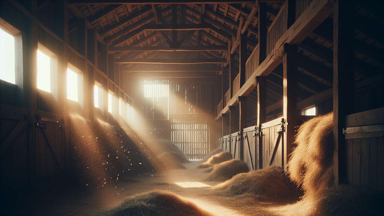 medieval stable at golden hour, warm light through wooden slats, hay dust floating in sunbeams, rustic and intimate