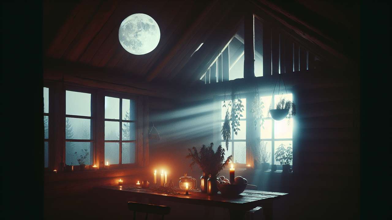 Candlelit forest cabin at night, full moon through foggy windows, herbs hanging from ceiling, mysterious and sensual mood