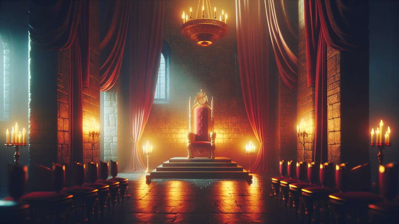 dimly lit medieval throne room, flickering torchlight on stone walls, red velvet drapes, golden throne, night atmosphere