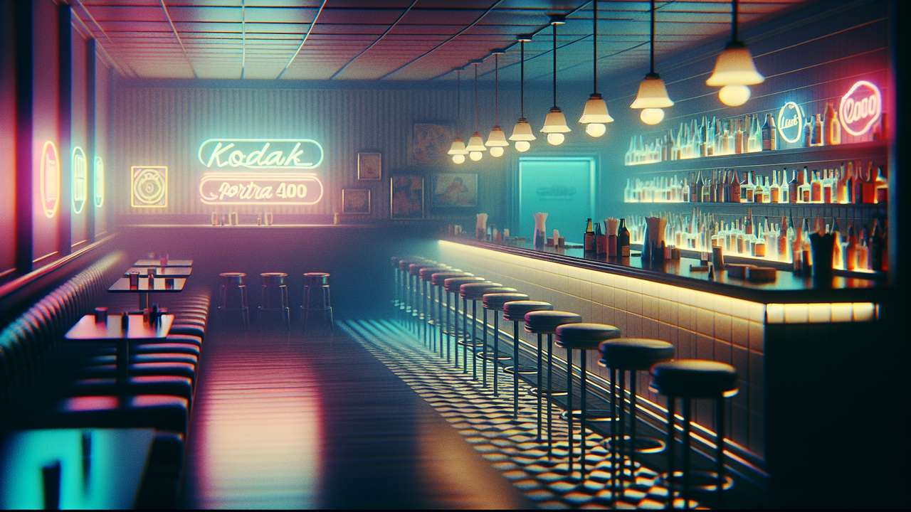 dimly lit back room of a bar, neon glow through frosted glass, leather seats, moody and intimate atmosphere at night