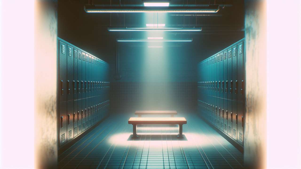 Dimly lit gym locker room at night, steam from showers, blue-tinted fluorescent light, empty benches, humid atmosphere