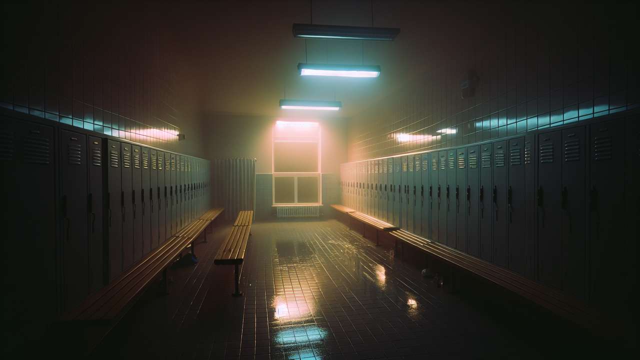 dimly lit gym locker room, steam from showers, fluorescent light flickering, wet tile floor, late evening atmosphere