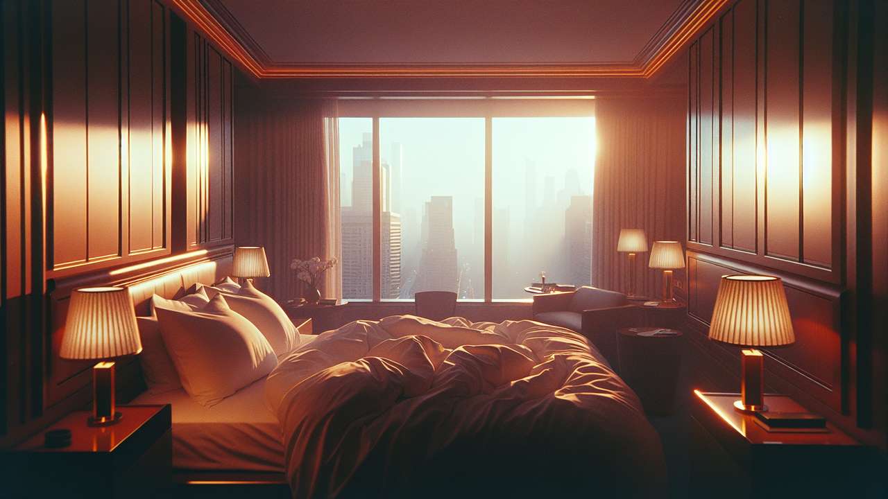 luxurious hotel room at night, warm amber lamplight, rumpled white sheets, city skyline through floor-to-ceiling windows