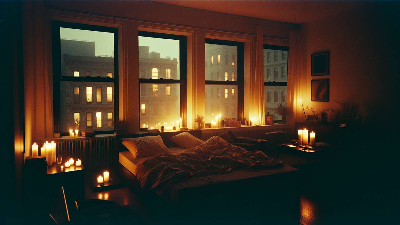 dimly lit bedroom at night, warm amber light from candles, rumpled silk sheets, urban apartment with large windows, intimate mood