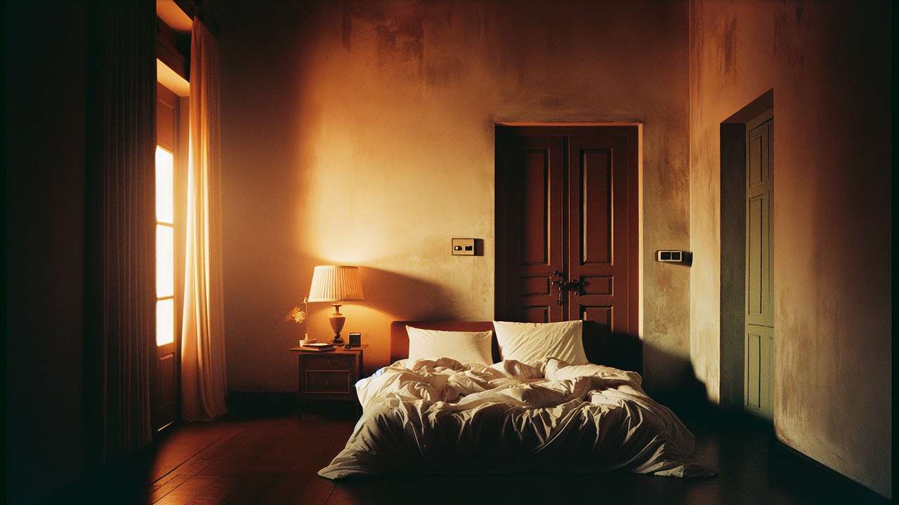 dimly lit bedroom at night, warm amber lamplight, rumpled white sheets, closed door, intimate and charged atmosphere