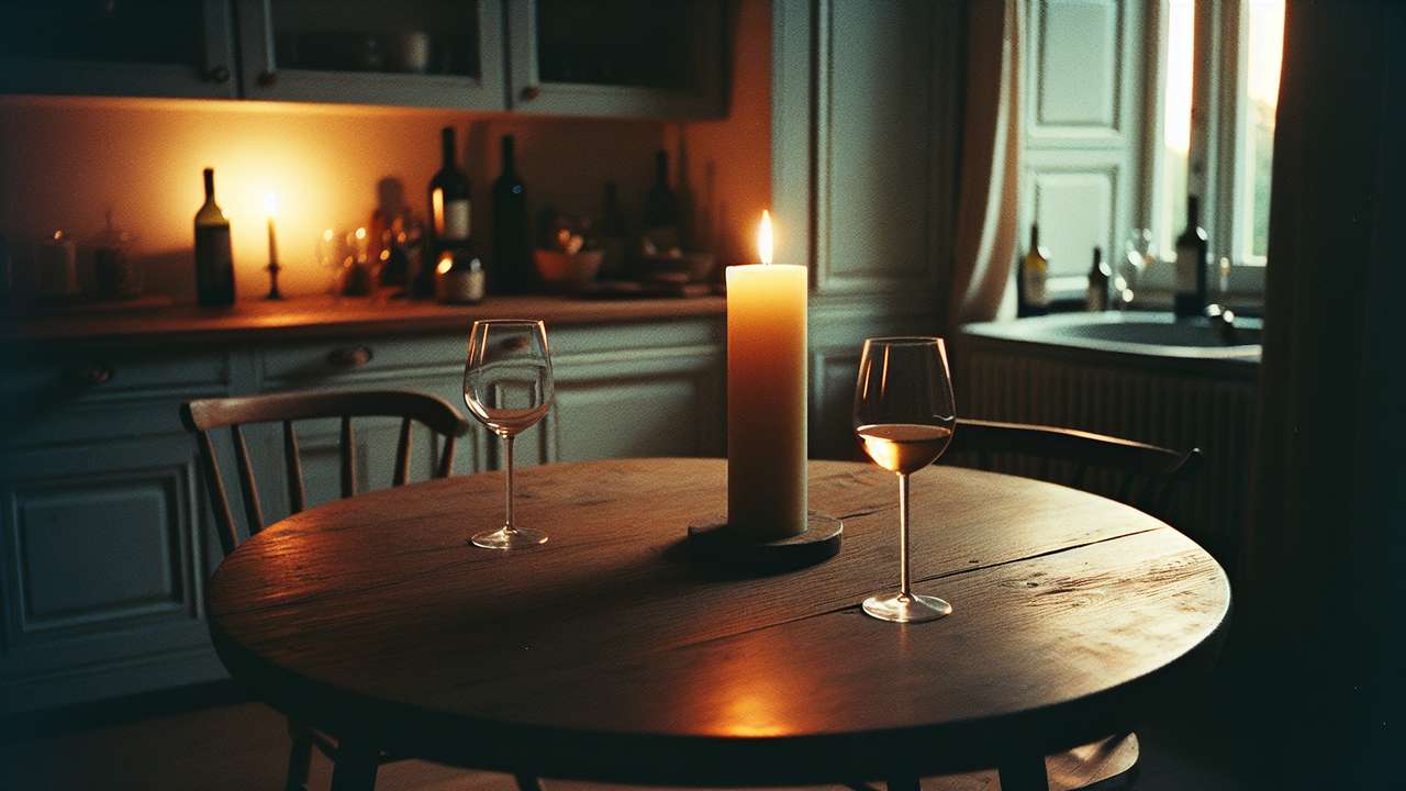 dimly lit kitchen at evening, candle on wooden table, warm golden light, wine glasses, intimate domestic atmosphere