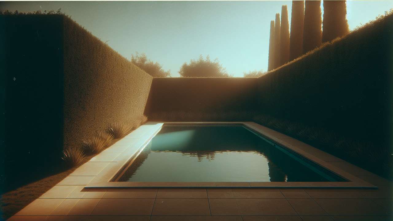 sunlit suburban backyard in late afternoon, warm golden light, pool glimmering, privacy hedge, lazy summer mood