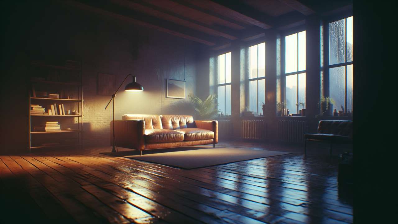 dimly lit living room in the evening, warm amber lamplight, worn leather couch, rain against windowpanes, intimate and quiet