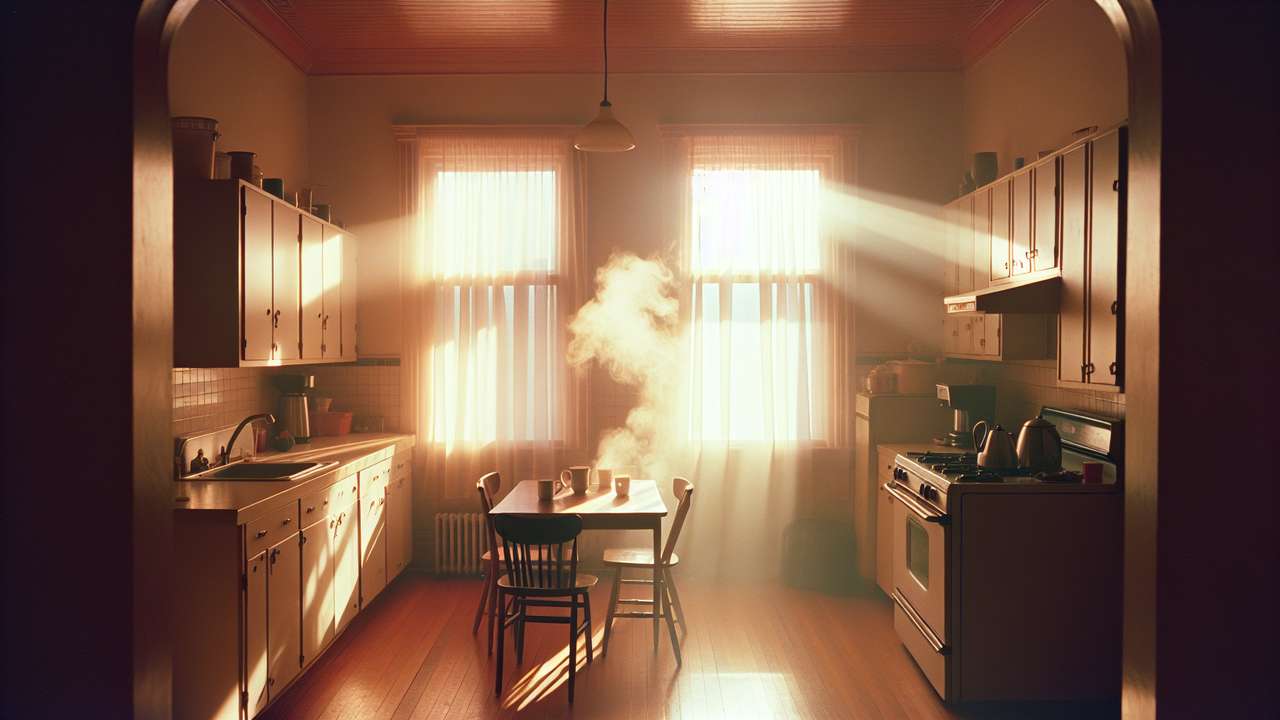 sunlit kitchen in a suburban house, morning light through sheer curtains, coffee steam rising, warm intimate atmosphere